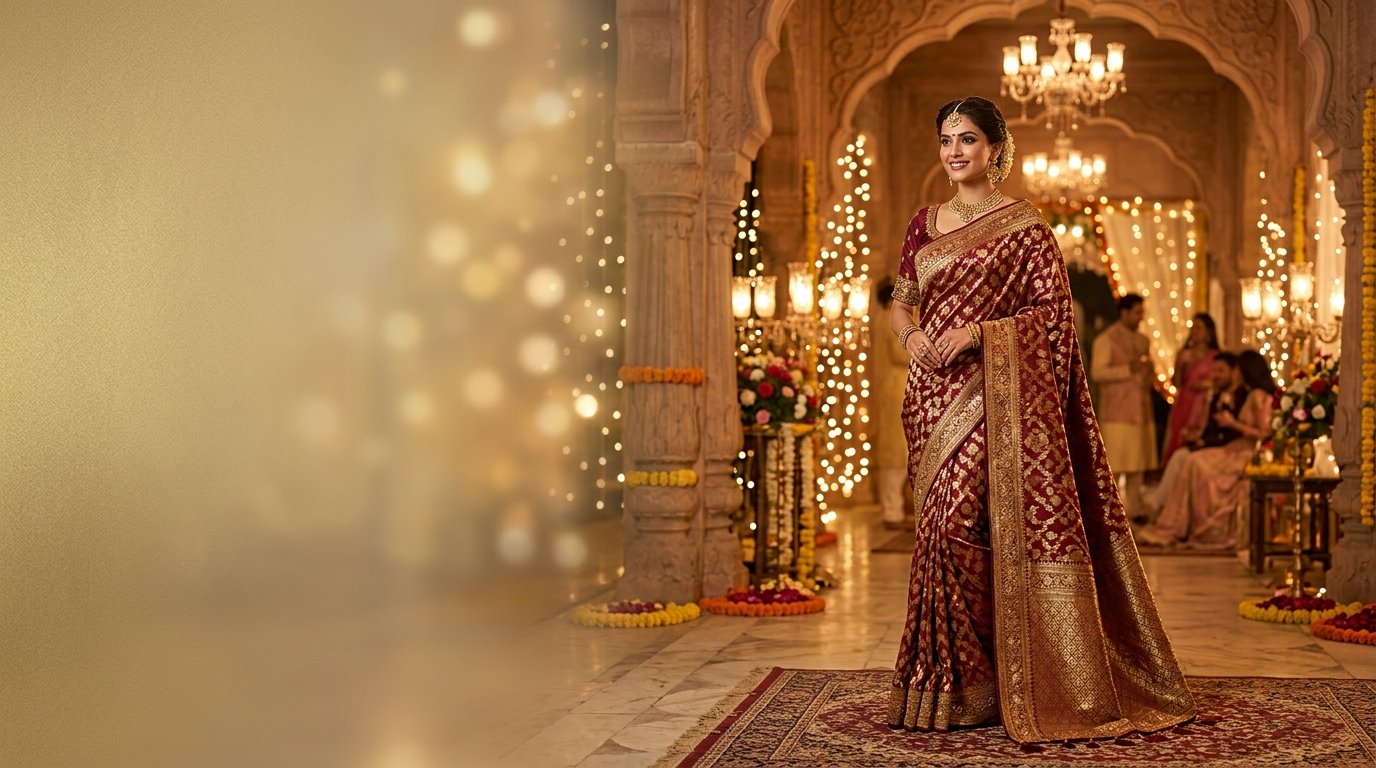 Elegant Indian woman in maroon and gold saree in a luxurious festive setting