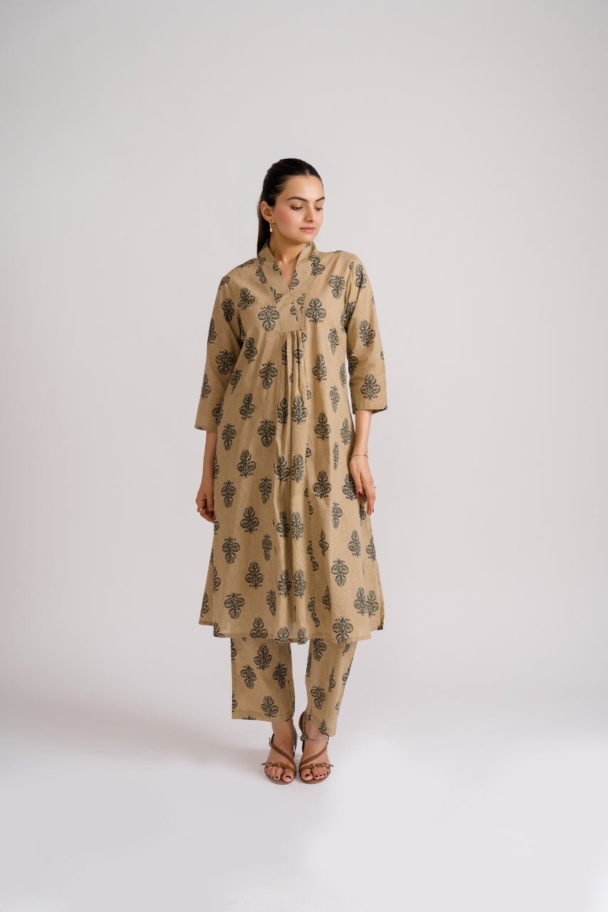 Beige Block Print Cotton Coord Set