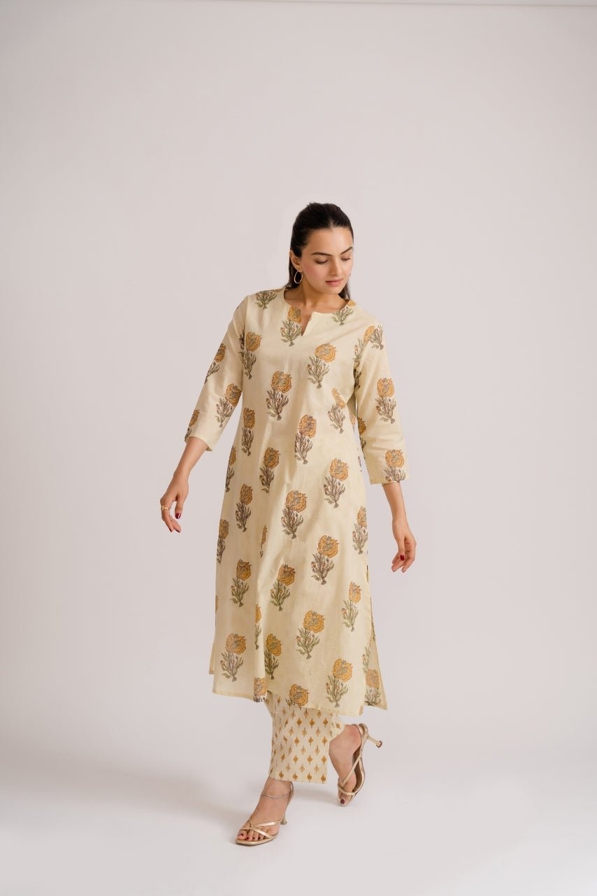 Cream Mustard Buta Block Print Coord Set