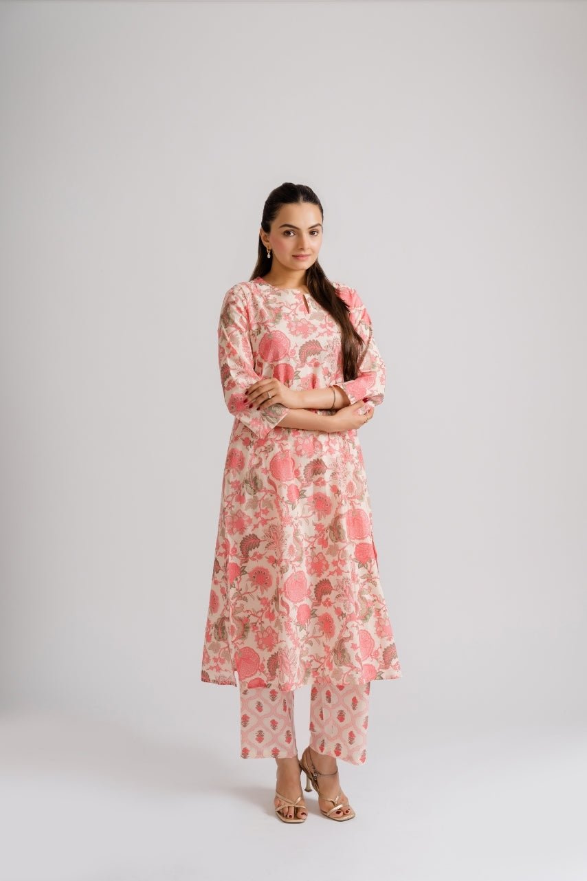 Cream Pink Floral Block Print Coord Set