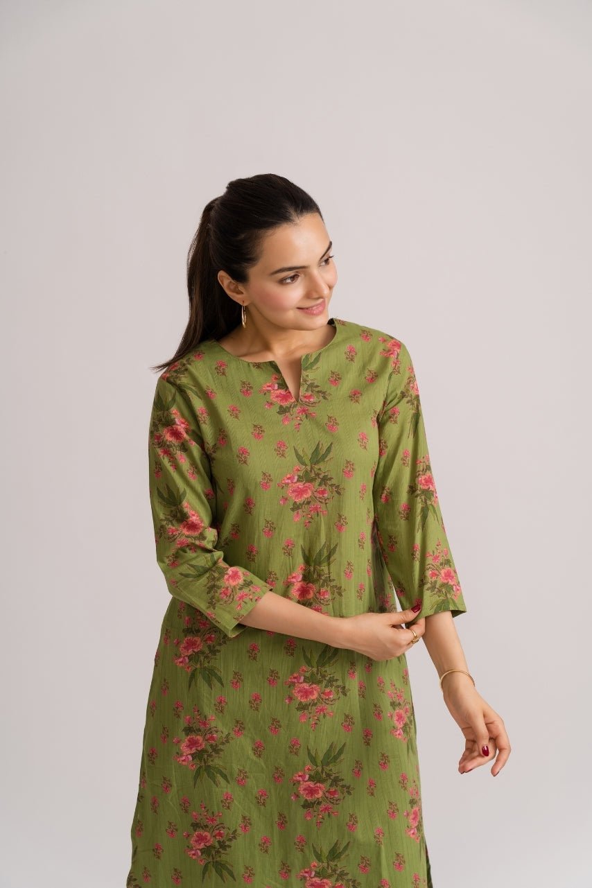 Olive Green Ditsy Floral Print Cotton Kurti
