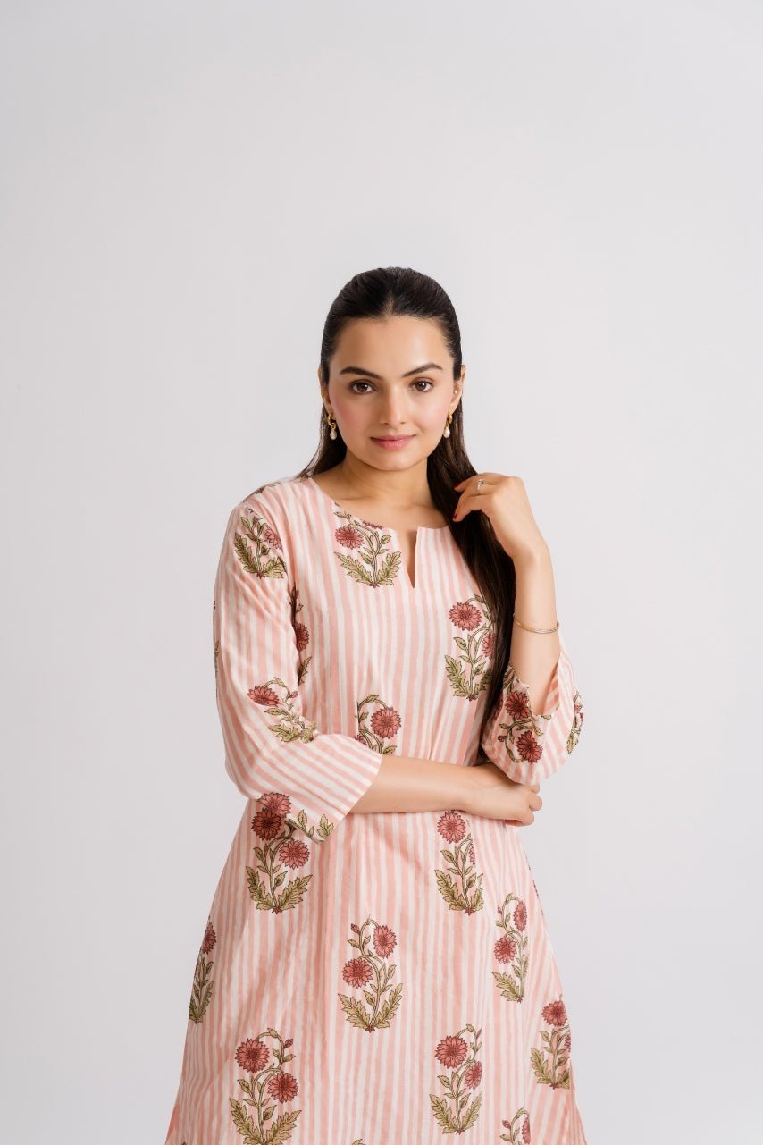 Peach Stripe Floral Block Print Coord Set