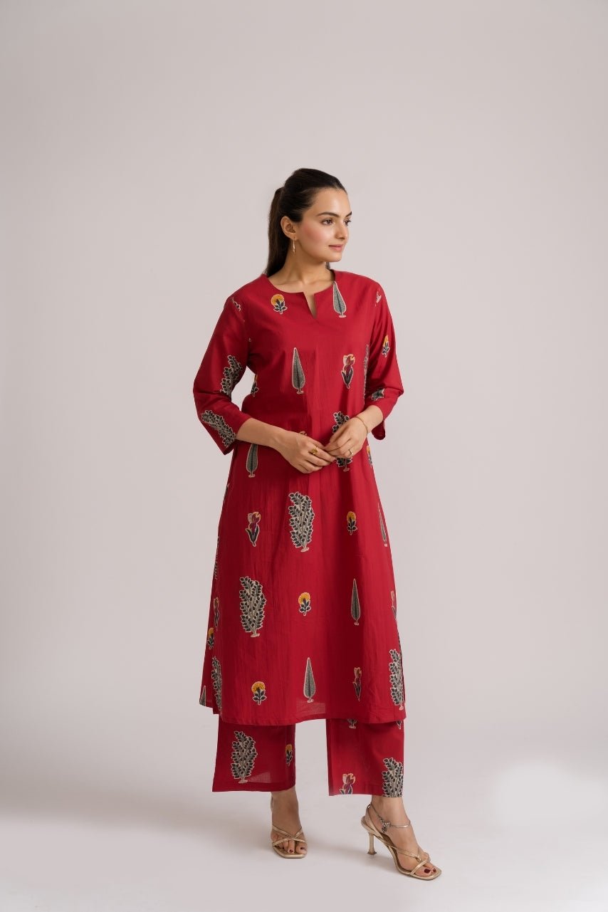 Red Mughal Block Print Cotton Coord Set